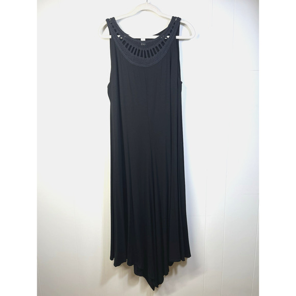 Chicos Asymmetric Hem Crochet Neckline Maxi Dress Black Stretch Size 3/US XL - Picture 1 of 10